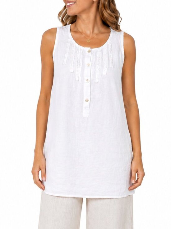 Lungo L’Arno Tops - LUNGO L'ARNO 100% Linen Sleeveless Tunic Top White Medium Henley Summer Beach